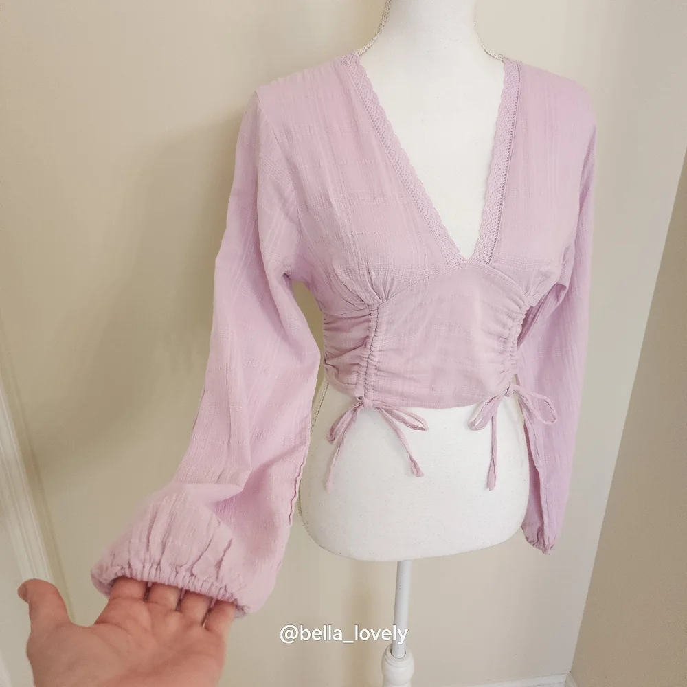 Aeropostale Lavender Ruched V-Neck Blouse Long Puffy Sleeves